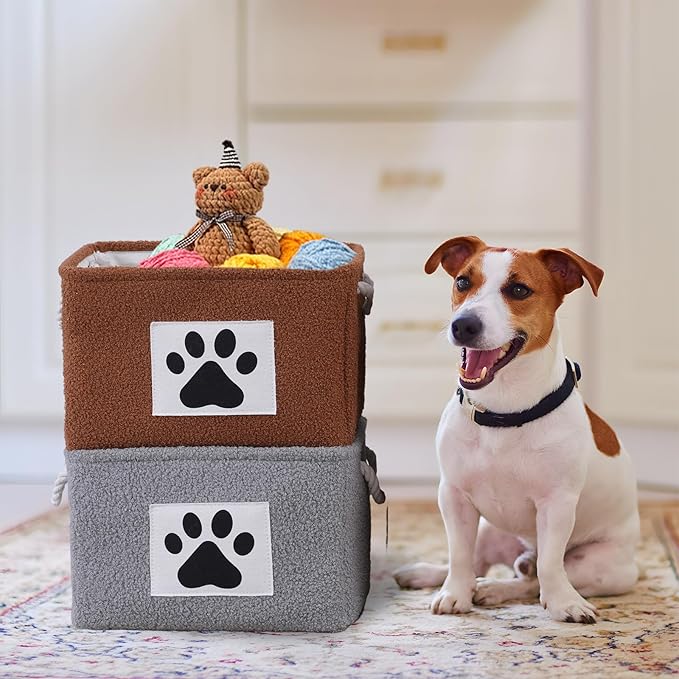 COMFY-HOMI 2Pcs Dog Toy Basket with Metal Collapsible Pet Toy Storage Organizer with Handles-Soft Polyester Fleece Fabric Bin Storage Basket for Shelves, Toys Storage Organization 15"x10.2"x9.5"-Grey