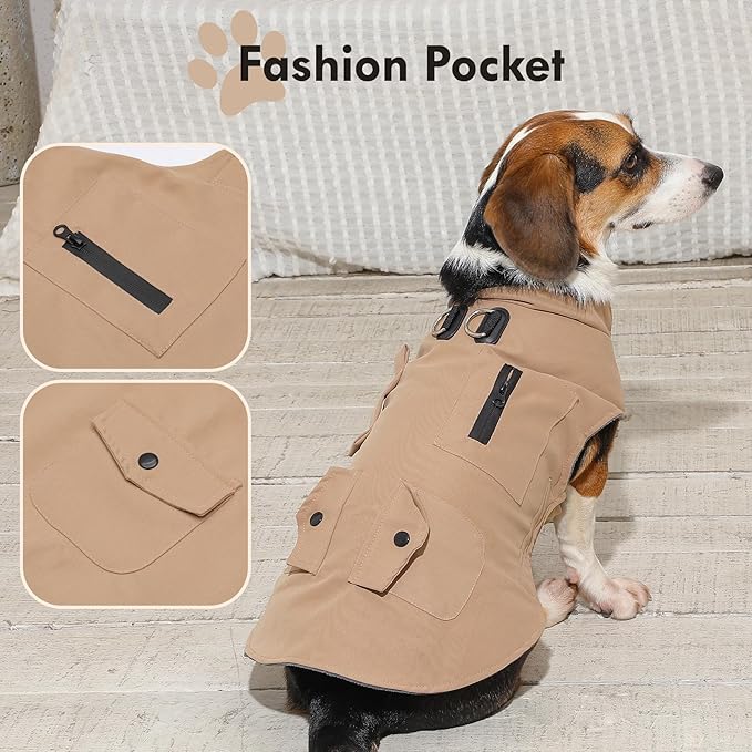 Workwear Style Dog Coats with Harness Built in for Small Dogs Windproof Warm Puppy Jacket with Storage Pockets for Cold Winter,LightBeige XXL