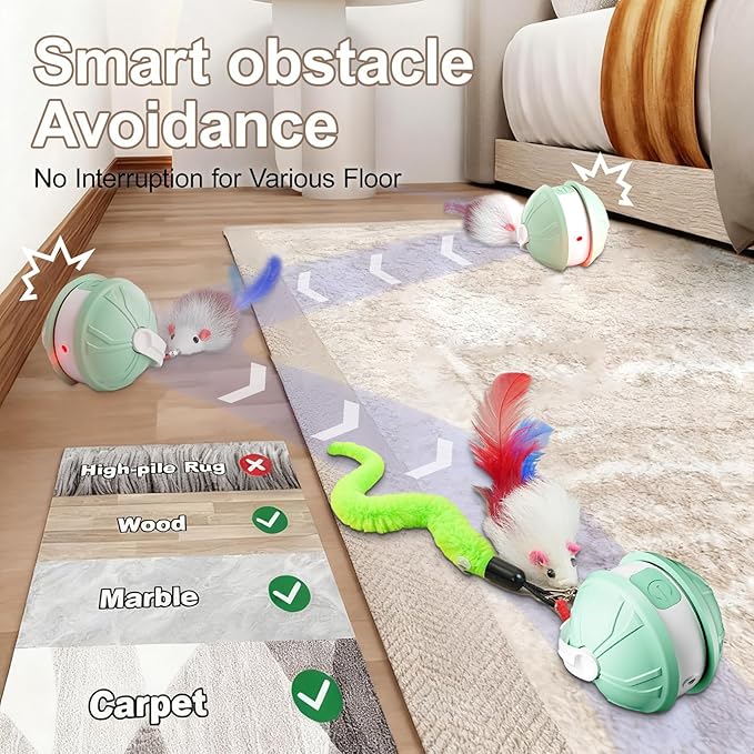 Interactive Cat Toy Ball - 2-in-1 Indoor Cat Toy with Feather Attachment and Laser Interactive Cats Balls, Moving Electric Rolling Ball Toys Designed for Bored Kittens and Adult Cats