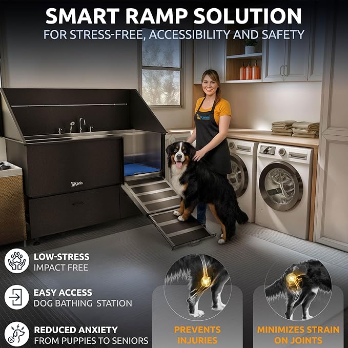 KANIS Black Line Professional Dog Washing Station - 304 Stainless Steel Pet Wash Sink & Grooming Bathtub w/Shower, Floor Grates and Storage for Large, Medium & Small Pets (61", 2 Drawers - Right Ramp)