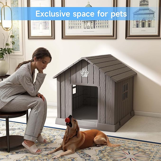 EasyUp Dog House Outdoor Indoor,Dog House Weatherproof Resin Shelter with Air Vents and Elevated Floor for Small Medium Large Dogs,Easy Clean and Assemble(31.18 * 33.7 * 32.52in,Coffee)