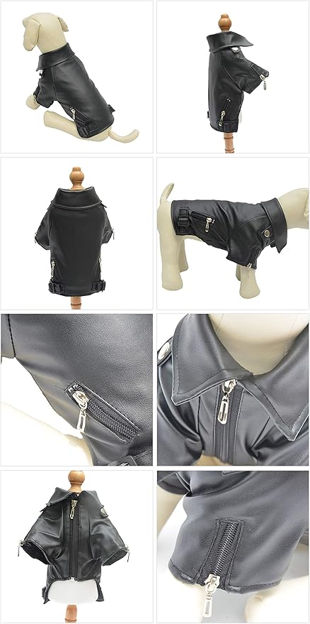 Lovelonglong Cool Dog Leather Jacket, Warm Coats Dogs Windproof Cold Weather Coats for Large Medium Small Dogs, Miniature Poodle Clothing Black L