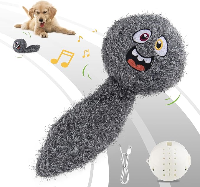 PETGEEK Interactive Squeaky Dog Toy, Automatic Moving Vibrating Dog Balls with Plush Cover, Rechargeable Perro Juguetes with Recording and Music Mode, Crinkle Pet Plush Toy for Boredom, Grey