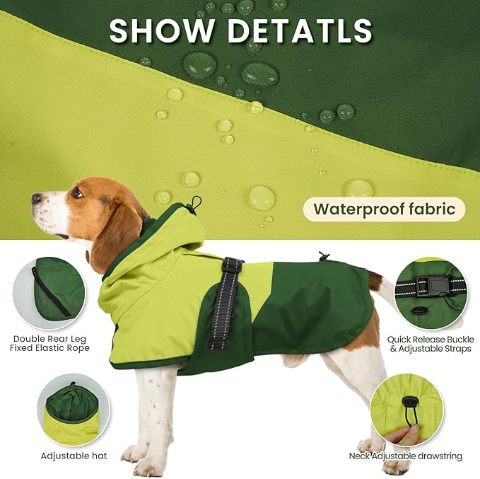 BRKURLEG Dog Raincoat for Small Medium and Large Dogs Waterproof Dog Rain Jacket Adjustable Hooded Dogs Raincoat Pet Rain Coat Poncho with Leash Hole, Reflective Strip, Green, XXL