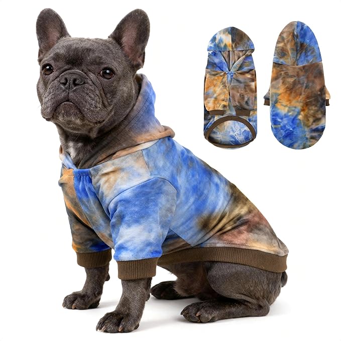 WOYYHO Tie Dye Dog Hoodie & Sweatshirt - Premium Velvet Soft Lightweight Pullover for Small Medium Dogs, Cozy Puppy Sweater for Puppy Dachshund French Bulldog, Multi Blue Browm L