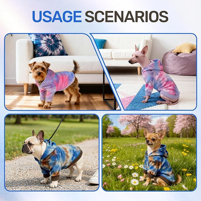 WOYYHO Tie Dye Dog Hoodie & Sweatshirt - Premium Velvet Soft Lightweight Pullover for Small Medium Dogs, Cozy Puppy Sweater for Puppy Dachshund French Bulldog, Multi Blue Browm L
