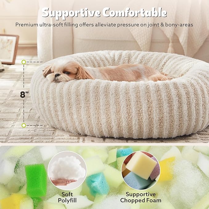 MIXJOY Dog Beds for Small Dogs, Washable Dog Bed with Removable Cover, Small Cat Bed for Indoor Cats, Calming Soft Dount Pet Beds with Anti Slip Bottom, Cute Puppy Beds, 23"x23"x8", White