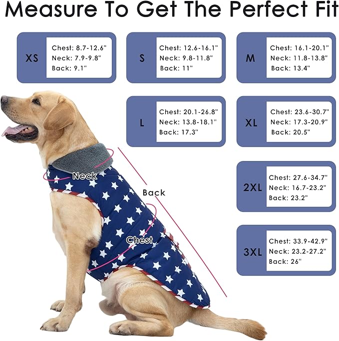 Dog Coat, Waterproof Dog Winter Jacket with Pocket, Reflective Adjustable Pet Snow Vest, Warm Cozy Fleece Sweater for Small Medium Extra Large Dogs - American Flag, L