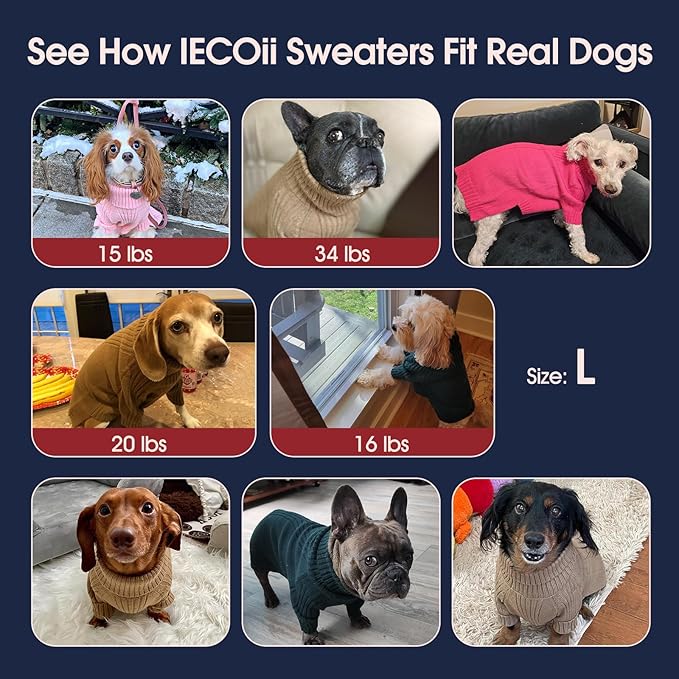 IECOii Dog Sweaters for Medium Dogs Girl Boy,Holiday Knit Doggy Sweatshirt with Sleeve,Turtleneck Thick Warm Dog Sweaters for Winter,Pullover Knitwear for French Bulldog,Boston Terrier (Pink, L)