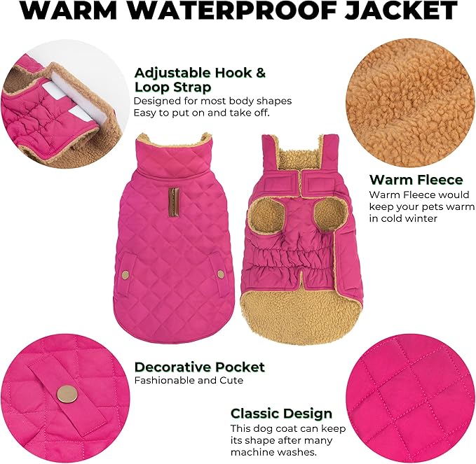 Dog Coat, Warm Winter Dog Waterproof Jacket for Medium Dogs, Fleece Lined Adjustable Dogs Coats Cold Weather Windproof Doggie Snowsuit with Leash Hole, Rose Red X-Large
