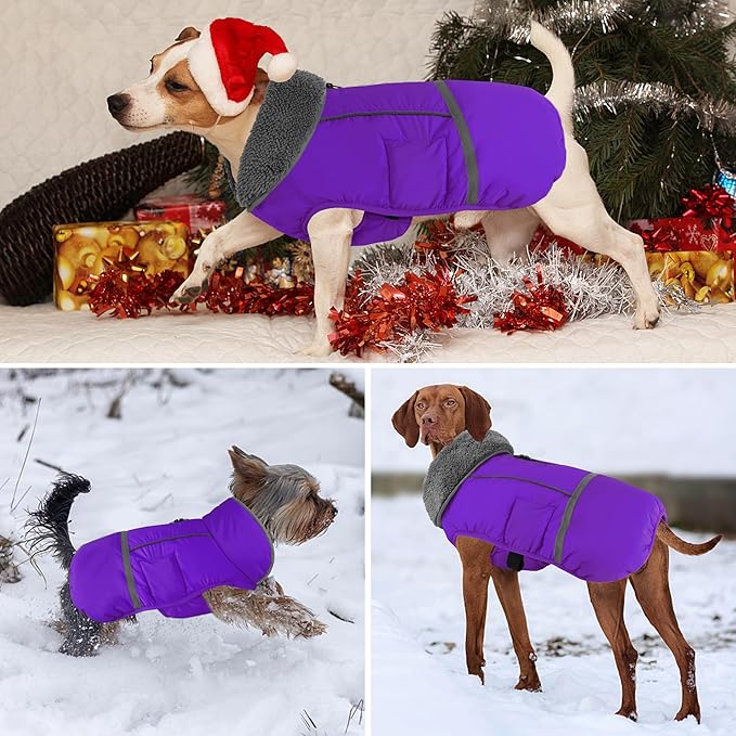 Dogcheer Warm Dog Coat, Christmas Dog Jacket Waterproof Puppy Winter Coat with Buckles, Reflective Adjustable Pet Snow Jacket Turtleneck Fleece Sweater for Small Medium Large Dogs - Purple, M