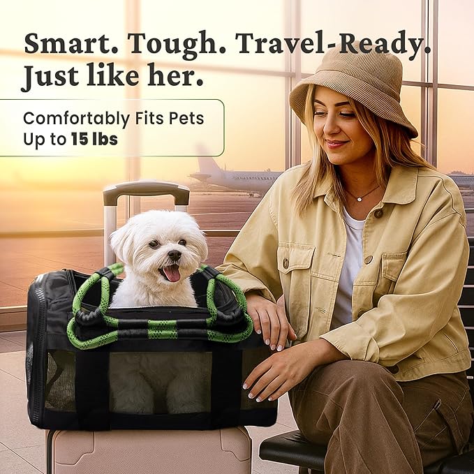 | TSA Airline Approved |Soft Sided Pet Carrier | Cat Carrier | Dog Carrier| Pets Up to 15 lbs | Leash & Luggage Strap | Black with Green Handle