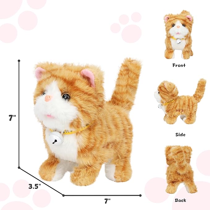 Easfan Walking Plush Kitty Toy Stuffed Animal Electric Interactive Talking Musical Plush Toy Grey Cat Leash Tail Wagging Christmas Birthday Gifts for Kids Toddlers,7"