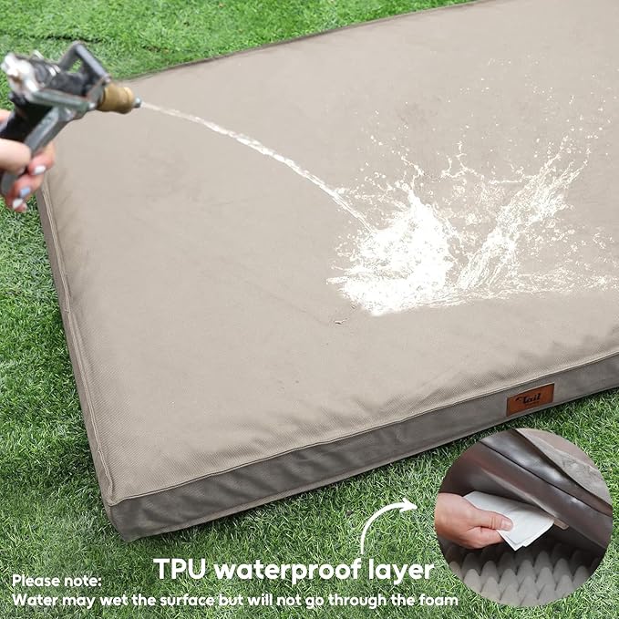 Outdoor Dog Bed for Small Dogs & Cats, Waterproof Dog Crate Mat Orthopedic Egg Crate Foam with Washable Removable Oxford Cover, Khaki