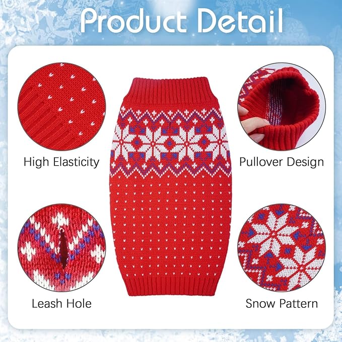 Kuoser Dog Sweater, Holiday Christmas Snowflake Pet Warm Knitwear Dog Sweaters Soft Puppy Clothing, Doggie Turtleneck Cold Weather Outfit Pullover for Small Medium Large Dogs Cats, Red L