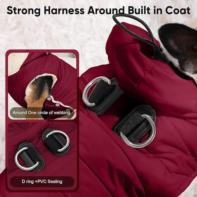 Fleece Lining Dog Hoodie with Harness Built in,Extra Warm Large Dog Jacket in Winter Doggie Coats with Drawstring Hooded,Red XXXL