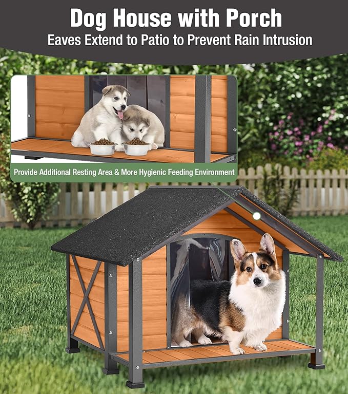 Heated Dog House, Outdoor Dog House Insulated for Winter with Heating Pad, Weatherproof Wooden Dog Kennel with Porch, Iron Frame, Openable Roof & Removable Floor