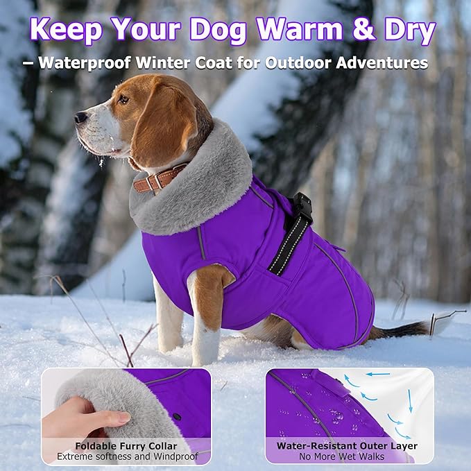 Dogcheer Dog Coat with Pocket, Waterproof Dog Jacket with Adjustable Buckle, Reflective Puppy Winter Coat Warm Turtleneck Fleece SnowJacket for Small Medium Large Dogs - Purple M