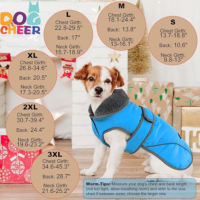 Dogcheer Dog Coat, Waterproof Dog Jacket Reflective Pet Winter Coat with Adjustable Hook & Loop, Christmas Puppy Fleece Jacket Warm Turtleneck Snowsuit for Small Medium Large Dogs - Sky Blue, 2XL