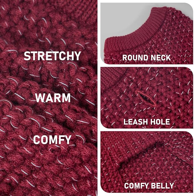 KYEESE Dog Sweater with Leash Hole for Small Dogs Male Warm Pullover with Reflective Yarn Soft Knit Pullover Boy Dog Coats Cozy Lightweight Thick Sweater Pet Indoor Outdoor Wear,Dark Red,Small