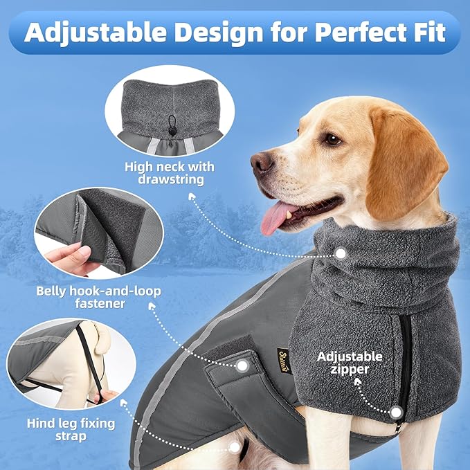 SlowTon Winter Dog Coat, Warm Polar Fleece Lining Doggie Outdoor Jacket with Turtleneck Scarf Reflective Stripe Adjustable Waterproof Windproof Puppy Vest Soft Pet Outfits (S,Grey)