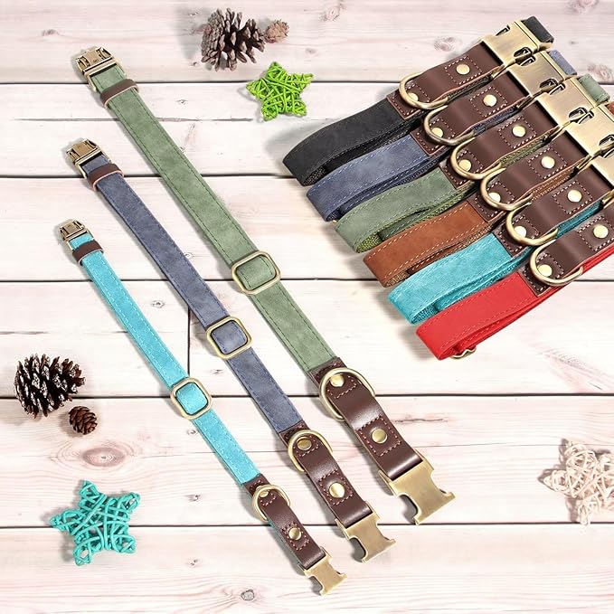 Didog Soft PU Leather Dog Collars for Medium Dogs,Classic Adjustable Dog Collars with Quick Release Metal Buckle,Easy Clean and Comfortable with Nylon Lining,Blue,M Neck 13-19"