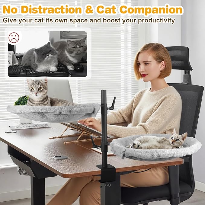 Double Cat Desk Bed - 2 Large Layers Cat beds with 360° Rotating & Adjustable Height, Kitten Nest for Desktop with 2 Washable Soft Covers, Kitten Hammock Bed Mount for Home Office Grey