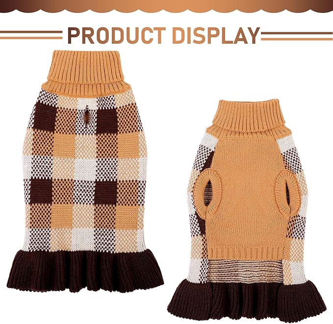 Dog Sweater Dress Plaid Knitwear for Small Medium Dogs Warm Puppy Pet Turtleneck Stretch Pullover Cute Fall Winter Vest Clothes with Leash Hole for Christmas (Coffee, XL)
