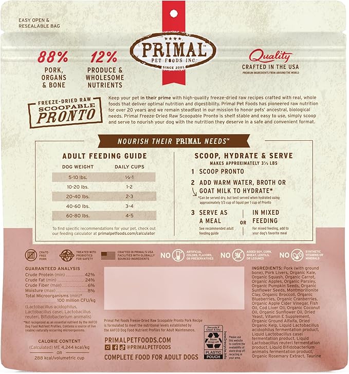 Primal Freeze Dried Dog Food, Pronto Mini Nuggets, Pork; Scoop & Serve, Complete & Balanced Meal; Also Use As Topper or Treat; Premium, Healthy, Grain Free, High Protein Raw Dog Food (25 oz, 2-Pack)
