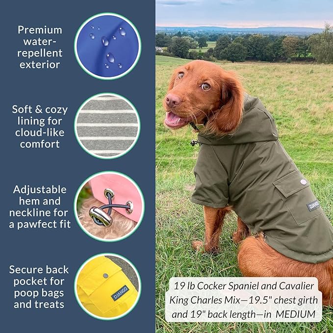 DJANGO Highland Dog Jacket & Raincoat – Water-Repellent, Lined Dog Coat with Hood, Adjustable Fit & Harness Hole – Lightweight Rain & Wind Jacket for Small & Medium Dogs up to 30 lbs (Blue, X-Small)