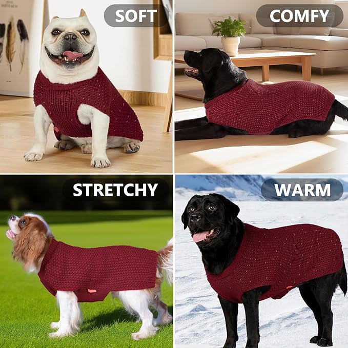 KYEESE Dog Sweater for Large Dogs with Leash Hole Warm Pullover with Reflective Yarn Male Thick Stretchy Knitwear Winter Soft Pet Coat boy for Cold Weather Comfy Dog Sweaters, Dark Red, XX-Large