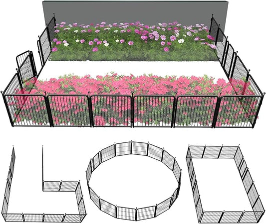 FXW Garden Fence Outdoor for The Yard – 24in(H) x 30.4ft(L) Heavy Duty Metal Animal Barrier for Dog and Rabbit, Decorative Dog Fence, 16 Panels, Black