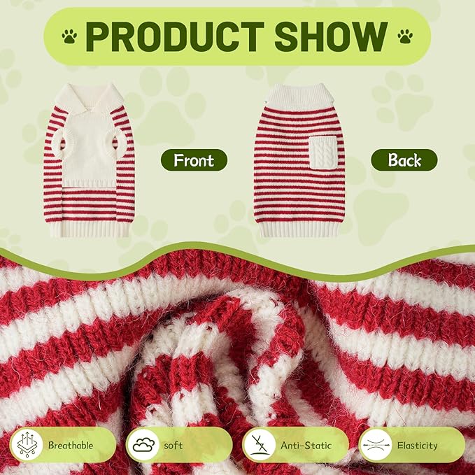 Small Dog Sweater, Knitted Striped Pullover Dog Clothes for Cold Weather, Thick Warm Cozy Stretchy Sweater for Chihuahua, Bulldog, Dachshund, Pug(Red & White Strip, XL)