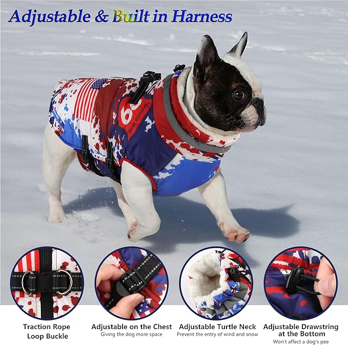 Dogcheer Dog Winter Coat, American Flag Dog Jacket with Harness, Adjustable Puppy Coat with Zipper, Waterproof Pet Fleece Jacket Snowsuit for Small Medium Large Dogs - US Flag 2XL