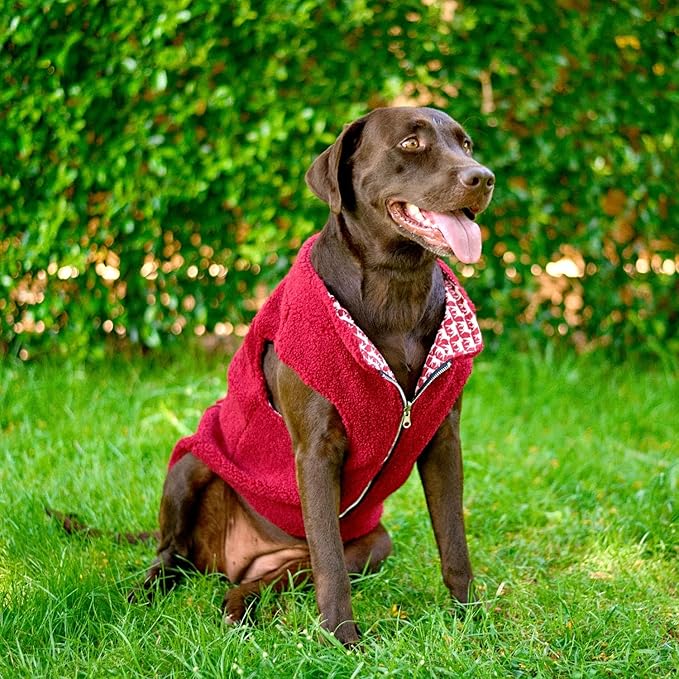 Tuff Pupper Reversible Fleece Sweater Vest for Dogs | Lightweight Comfortable Insulated Jacket | Front Zip Closure | Machine Washable | Built-in Leash Hole | Sizes for All Breeds (XXL, Red)