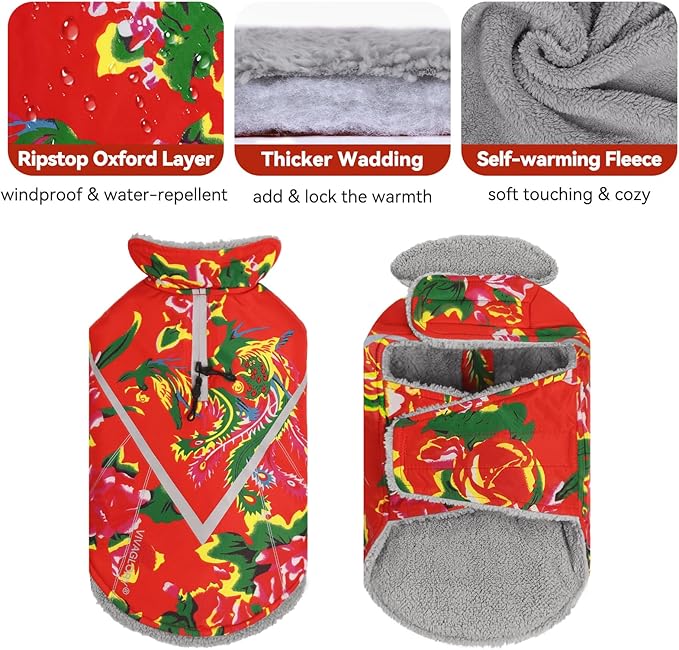 VIVAGLORY Snowrap Dog Coat, Jacket with Harness Hole & Velcro Closure, Dog Coat for Winter & Cold Weather, Fluffy Warm Fleece Lined Reflective Water Resistant for Puppy, M, Northeast Florals-Red