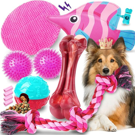 Zeaxuie 12 Pack Heavy Duty Various Dog Chew Toys Pack for Aggressive Chewers - Includes Large Rope Toys, Squeaky Toys & Indestructible Chew Bone for Medium, Large & X-Large Female Dogs