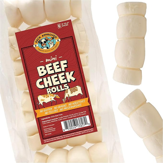 Mini Beef Cheek Rolls - Single Ingredient, All Natural Dog Treats for Small and Medium Dogs - Low Fat, Gluten-Free, & Grain Free Dog Treats - 3-4 inch (6-Pack)