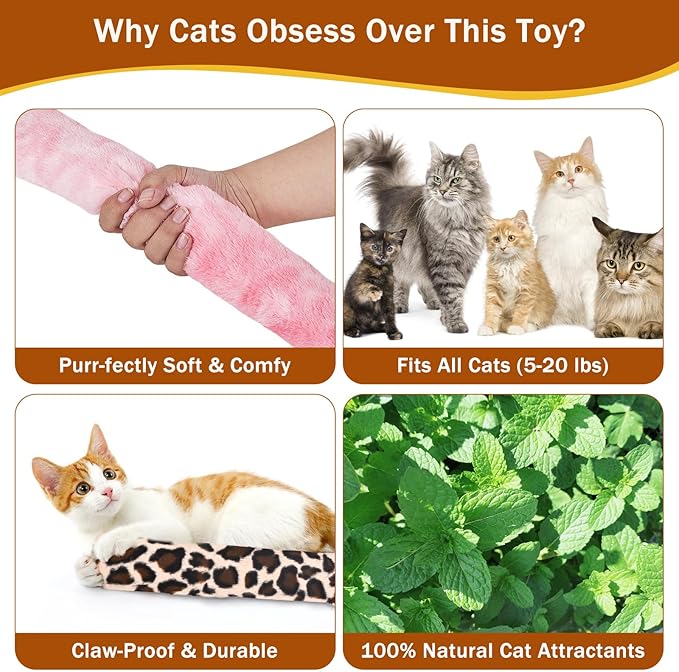 3Pcs Leopard Print Cat Kicker Toy with Organic Catnip - Durable Chew Pillow for Indoor Cats, Plush Catnip Toys for Play & Calming, Soft Cat Bed Stuffing (Solid Color)