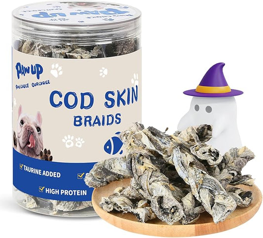PAWUP Cod Fish Skin Braids Dog Treats Natural Dried Dog Snacks Sticks, High Omega-3 Single Ingredient Cod Skin Chews w/Taurine, 7 oz