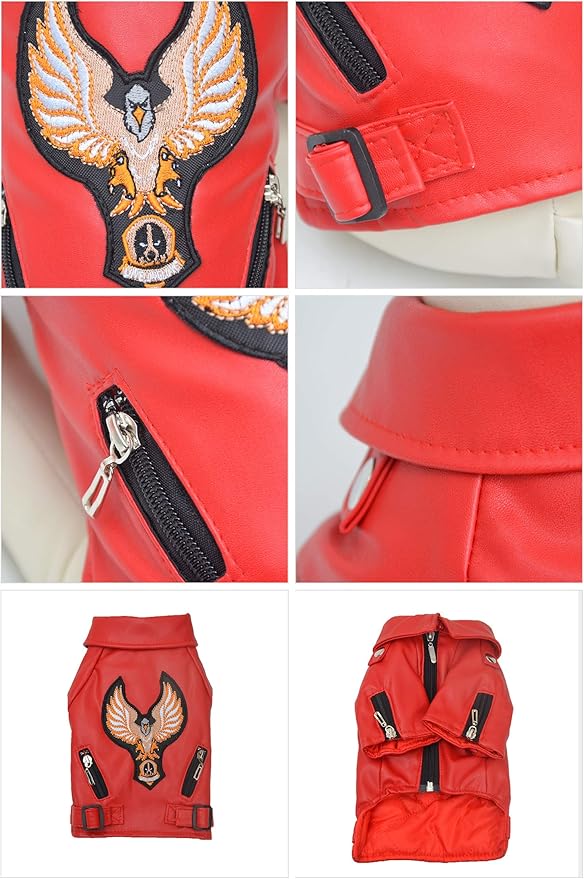 Lovelonglong Cool Dog Leather Jacket, Warm Coats Dogs Windproof Cold Weather Coats for Large Medium Small Dogs with Eagle Embroidery Red M