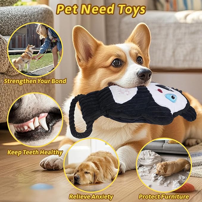 2-Pack Squeaky Dog Toys & Tough Tug of War Set - No Stuffing Chew-Resistant Plush Toys to Keep Them Busy, Best Birthday Gift for Small/Medium/Large Breeds (Panda & Dino)