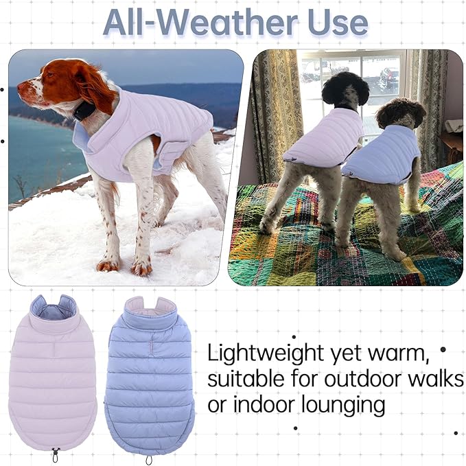 Lelepet Reversible Dog Coat Waterproof Dog Jacket Windproof Puffer Vest for Winter Warm Lightweight Coats for Large Dogs Adjustbale Hook & Loop Pet Apparel with Leash Hole, Pitbull, Purple, XL