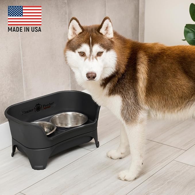 Neater Feeder - Express Model w/ Slow Feed Bowl - Mess-Proof Dog Bowls (M/L, Black) Made in USA – Elevated, No Spill, Non-Tip, Non-Slip, Raised Stainless Steel Food/Water Pet Bowls Aid Digestion