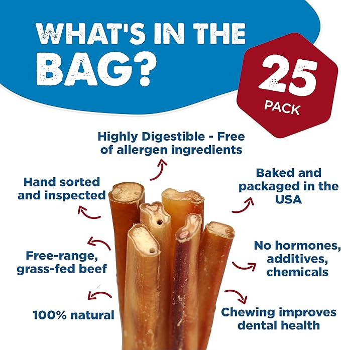 Best Bully Sticks Jumbo Bully Sticks - 12 Inch, 25 Count (Pack of 1) - Natural, Grass-Fed Beef, Single Ingredient, Grain-Free, Rawhide Alternative, Dog Treats for Large Dogs
