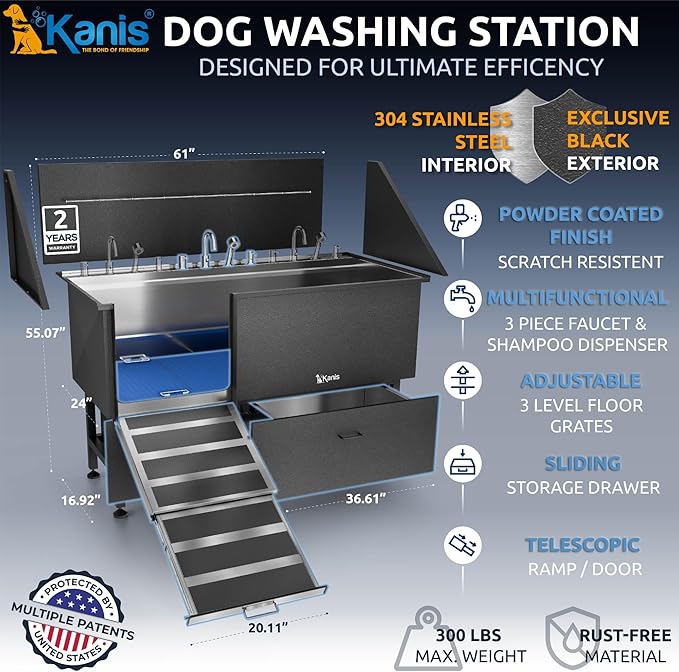 KANIS Black Line Professional Dog Washing Station - 304 Stainless Steel Pet Wash Sink & Grooming Bathtub w/Shower, Floor Grates and Storage for Large, Medium & Small Pets (61", 2 Drawers - Left Ramp)