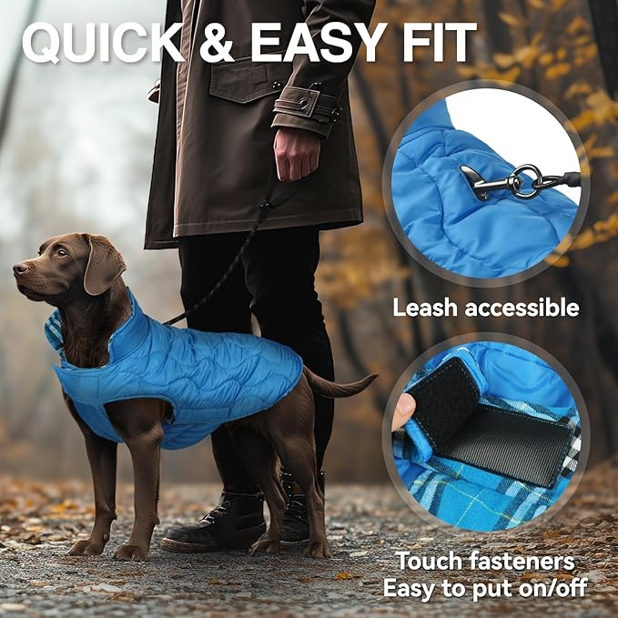 VIVAGLORY Softjoy Dog Coat, Dog Jacket for Winter & Christmas, Coat with Harness Hole & Velcro Closure, Reversible Plaid Checkered Warm Fluffy Heavy Duty for Puppy, L, Blue