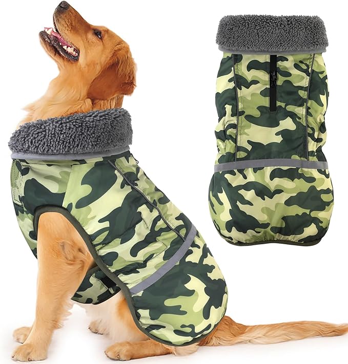 Dogcheer Warm Dog Coat, Waterproof Dog Jacket Reflective Adjustable Puppy Winter Coat with Buckle, Christmas Pet Snow Jacket Turtleneck Fleece Sweater for Small Medium Large Dogs- Camo Green, S