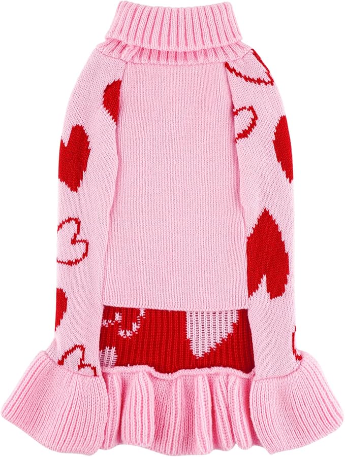 cyeollo Dog Sweater Dress Valentines Day Dog Clothes Pullover Turtleneck with Leash Hole Heart Pattern Holiday Theme Female Pet Apparel for Small Dogs
