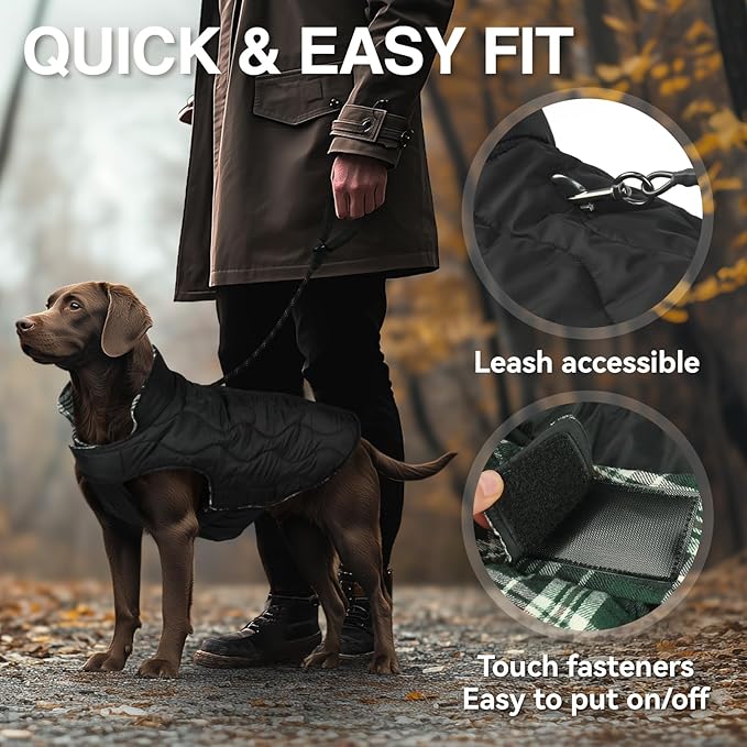 VIVAGLORY Softjoy Dog Coat, Dog Jacket for Winter & Christmas, Coat with Harness Hole & Velcro Closure, Reversible Plaid Checkered Warm Fluffy Heavy Duty for Puppy, L, Green
